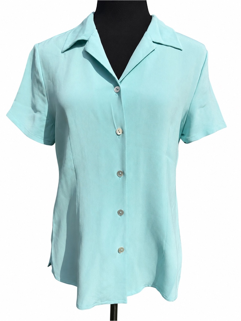 Allison Taylor Silk Aqua Coastal Quiet Luxury Resort Blouse Button Front L